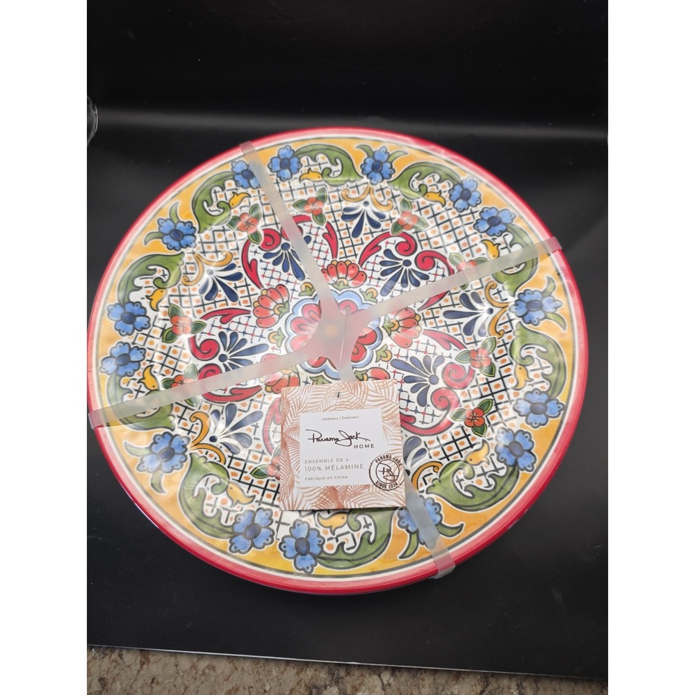 Panama Jack Melamine Dinner  Plates 4   Spanish Tile Red Gold Color NEW  11"